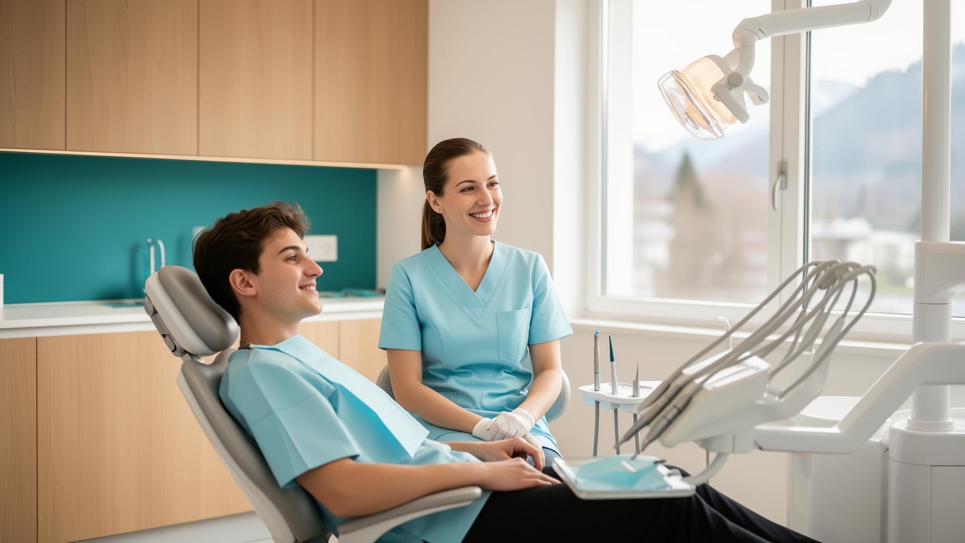 Zahnversicherung Schweiz, freundliche Zahnärztin und entspannter Patient in moderner Praxis