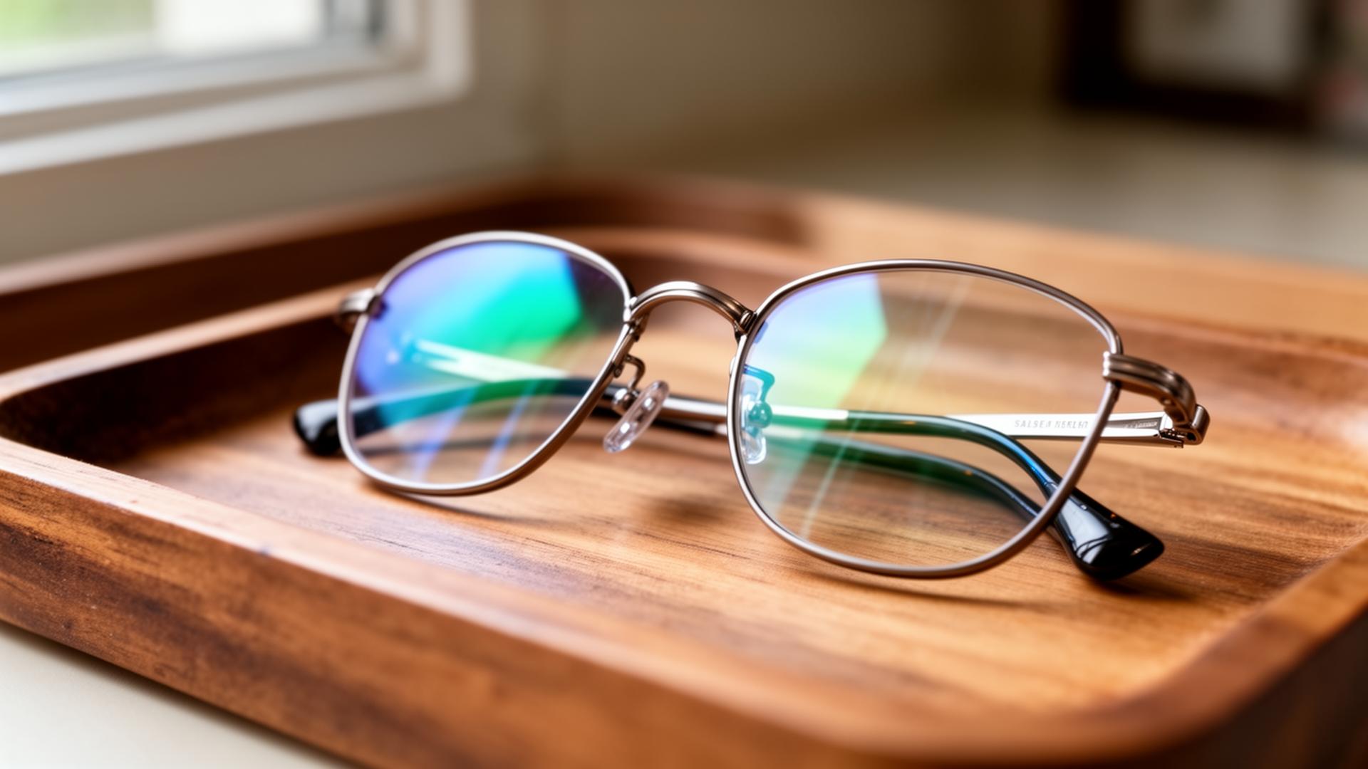 Premium Brillengläser und elegantes Titan-Gestell auf Holztablett beim Optiker