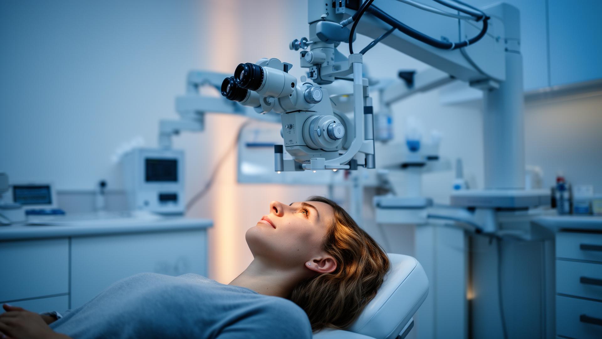 Patientin in einer modernen Schweizer Augenlaser-Klinik unter Hightech-Lasergerät