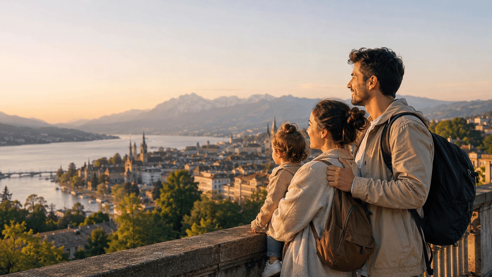Familie mit Blick über eine Schweizer Stadt am See