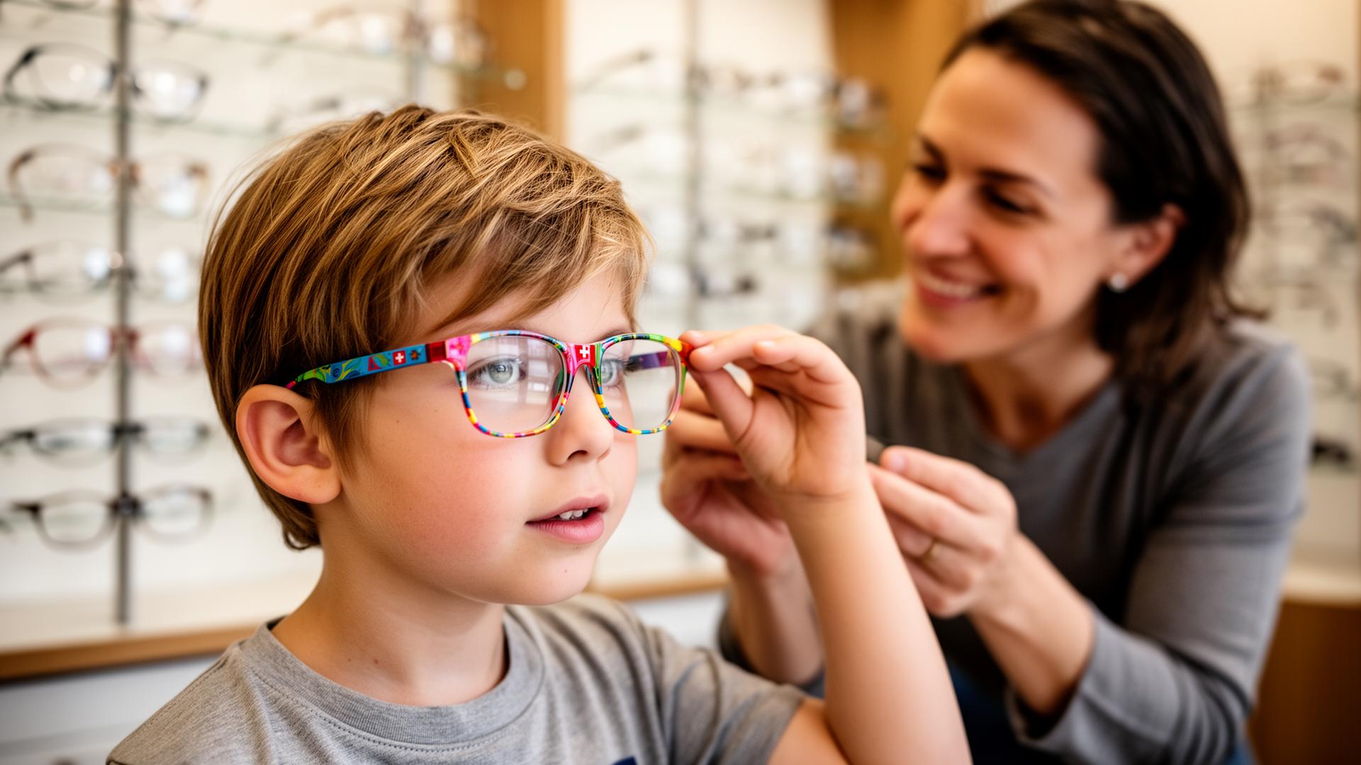 Kind probiert farbenfrohe Brille beim Optiker, Mutter hilft im Hintergrund