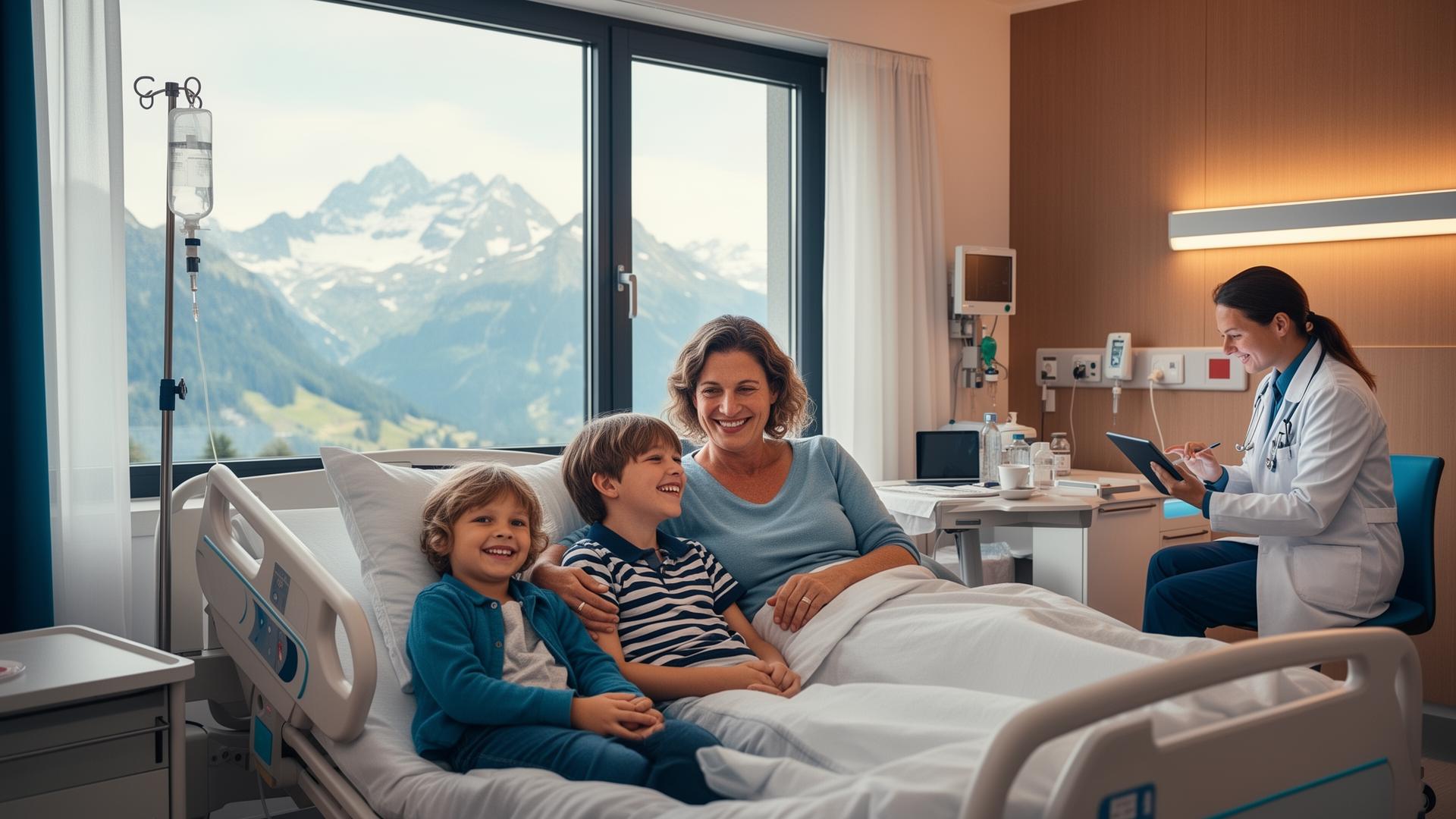 Zusatzversicherung Schweiz, Familie im Privatspital mit Aussicht auf die Alpen, Ärztin im Hintergrund