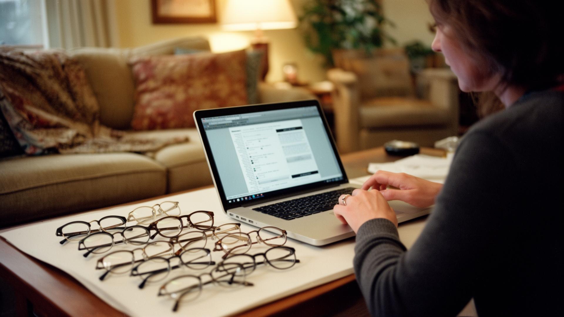 Person konfiguriert Brille auf einem Laptop zu Hause, Brillen-Auswahl auf dem Tisch