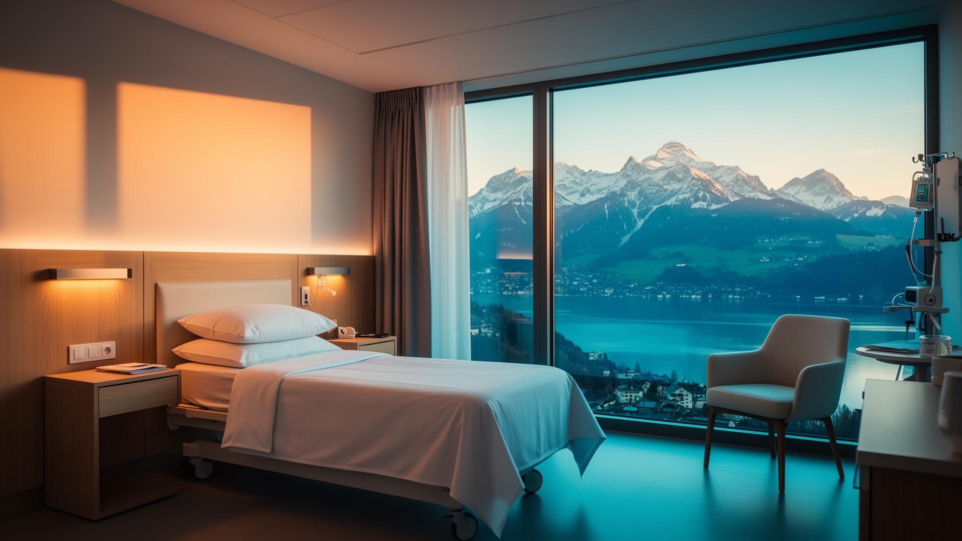 Spitalversicherung Schweiz, modernes Einzelzimmer mit Aussicht auf die Alpen und den See