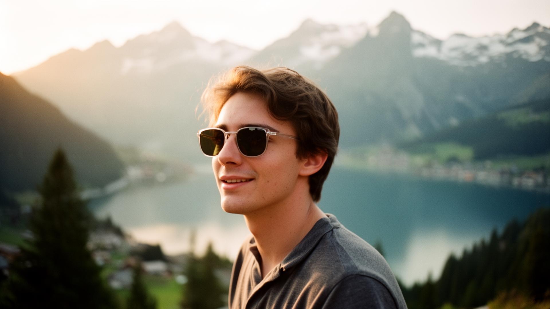 Person mit Sonnenbrille mit Sehstärke vor Schweizer Bergpanorama, goldene Stunde